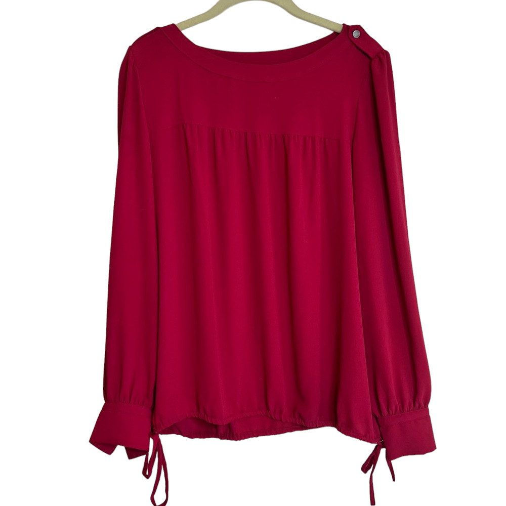 Loft Womens Chiffon Blouse Size Small Red Long Sleeve Pullover Blouson Hem